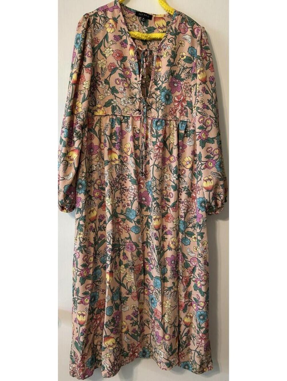 Aly Daly M Cottagecore pink floral lined maxi long - long sleeve tie top BOHO